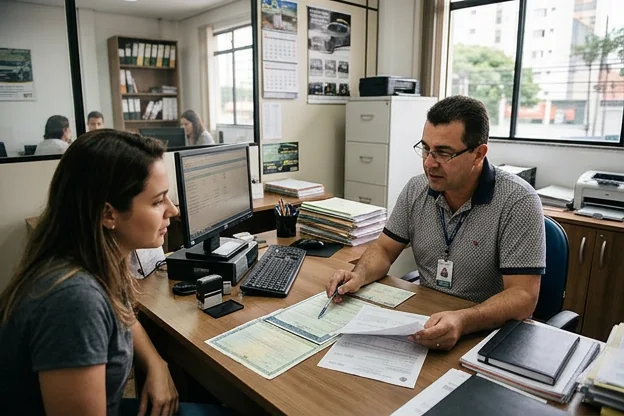 Cliente e despachante analisando documentos em São Caetano do Sul.